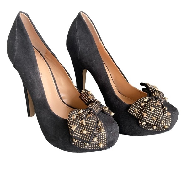 Black Stiletto Heel w Gold Studded Bow Accent, size 38.5 Material Girl 5… - Picture 2 of 5